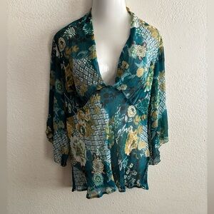 Separates Floral Teal Sheer Plus Size Blouse 2X